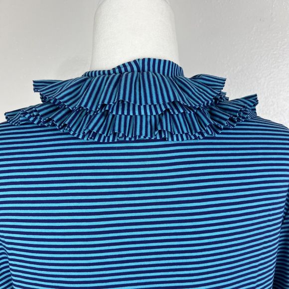Soft Surroundings Blouse Women Medium Blue Striped Ruffle Collar Short Sleeve - Picture 11 of 13